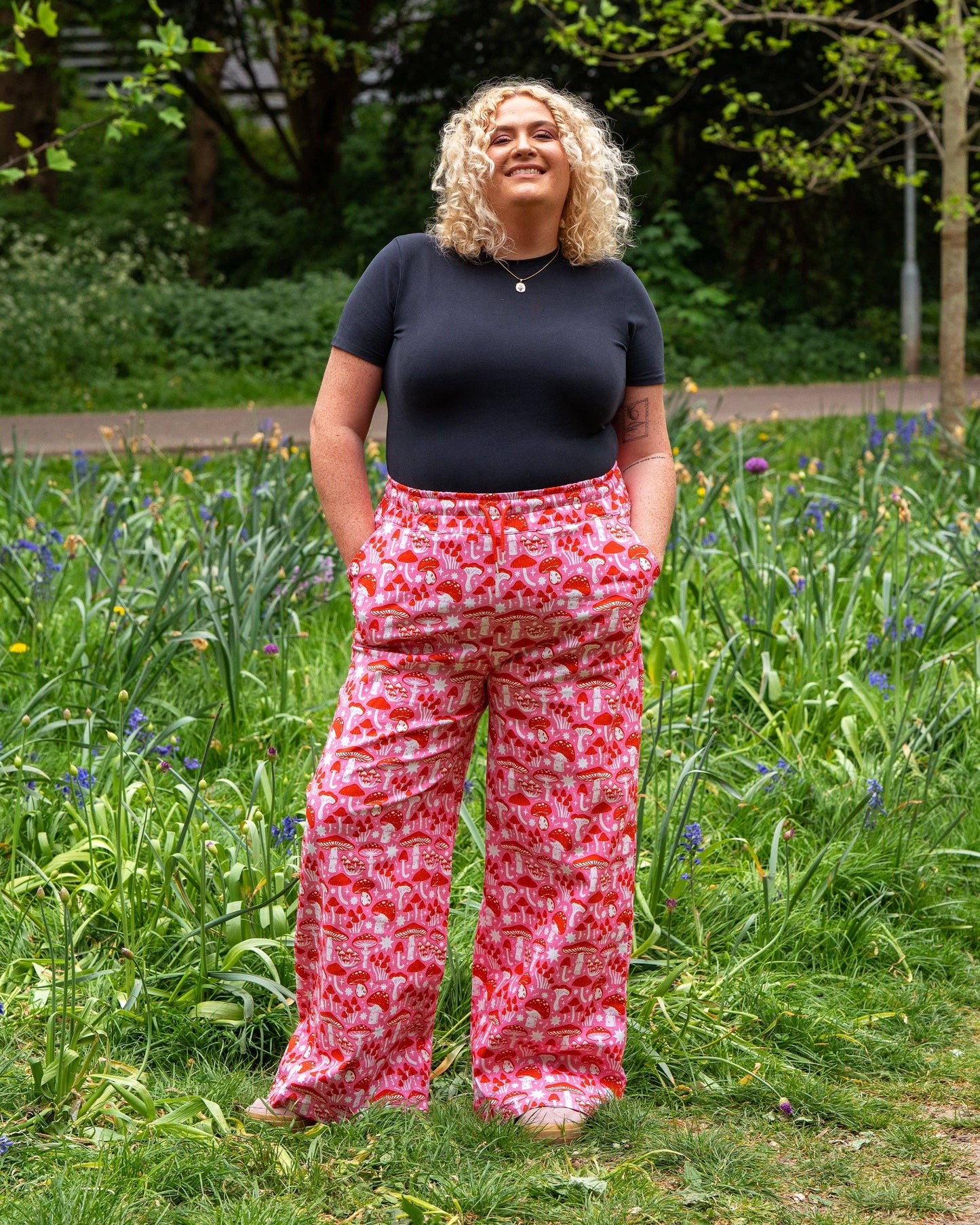 Rebel Romance Red & Pink Mushroom Wide Leg Trousers