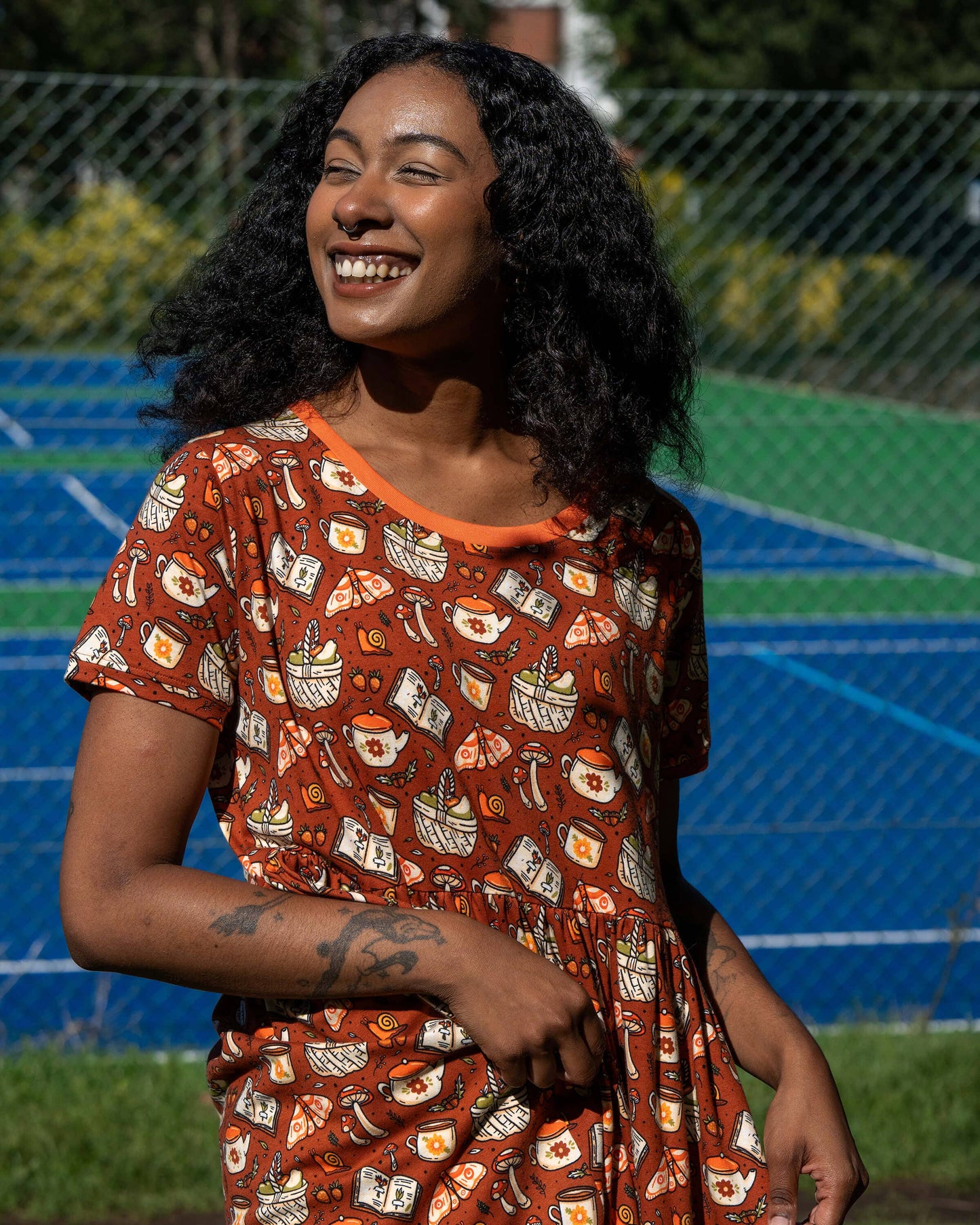 Rebel Romance Mushroom Tea Party Midi Stretch Smock Dress