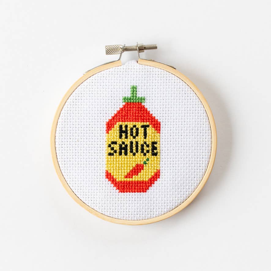 🌶 Hot Sauce Mini Cross Stitch Kit – 4" Hoop Craft Gift for