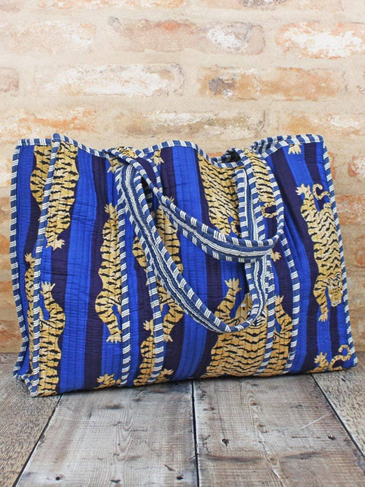 JT6502BLU QUILTED COTTON TOTE BAG - TIGER PRINT