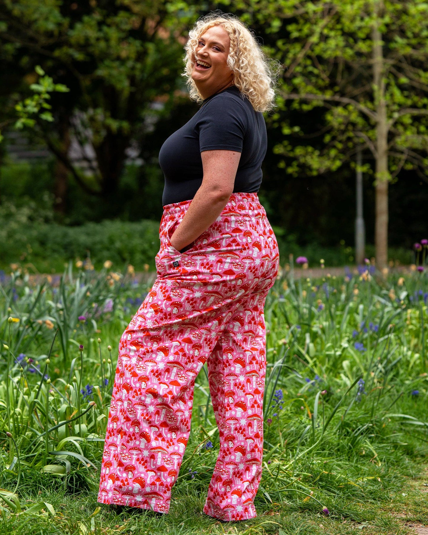 Rebel Romance Red & Pink Mushroom Wide Leg Trousers