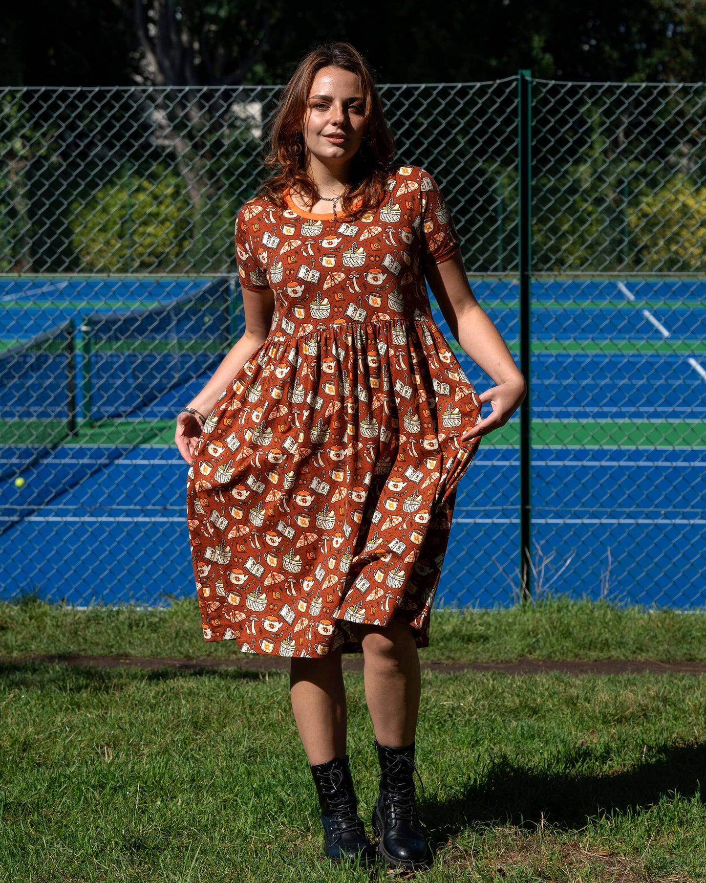 Rebel Romance Mushroom Tea Party Midi Stretch Smock Dress