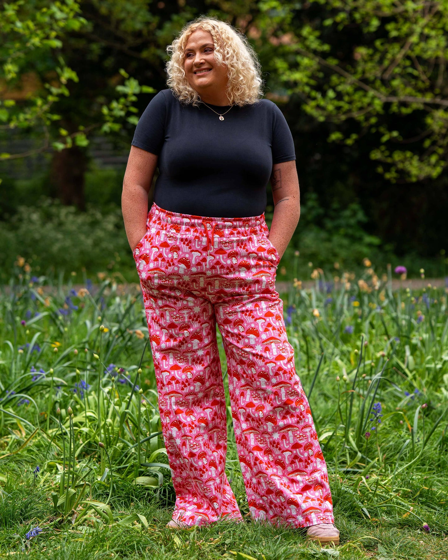 Rebel Romance Red & Pink Mushroom Wide Leg Trousers