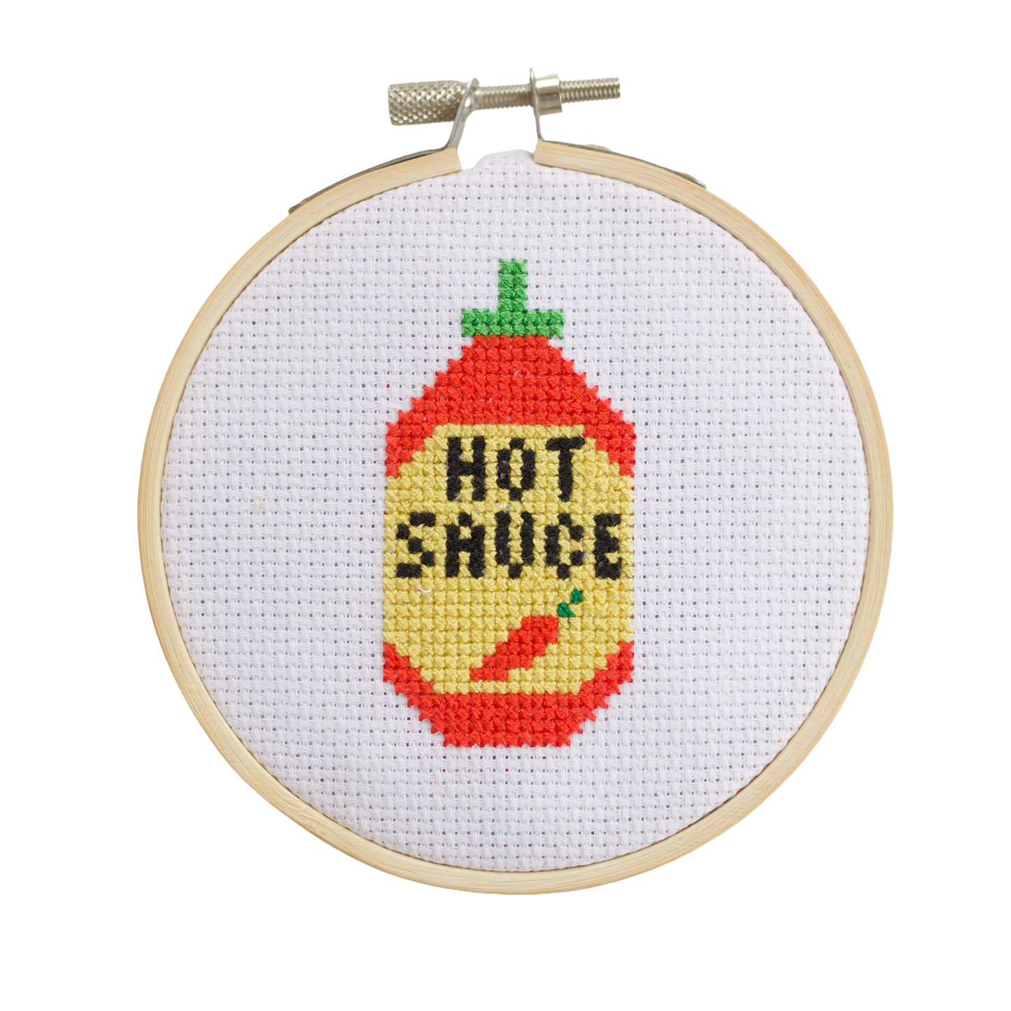 🌶 Hot Sauce Mini Cross Stitch Kit – 4" Hoop Craft Gift for