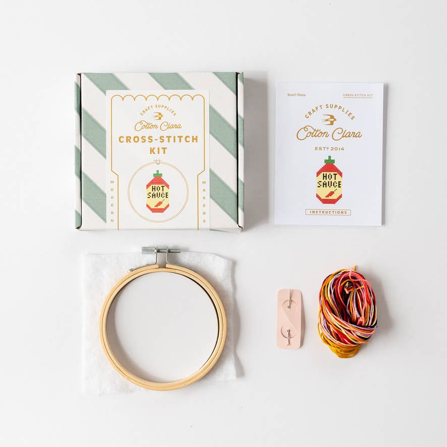 🌶 Hot Sauce Mini Cross Stitch Kit – 4" Hoop Craft Gift for