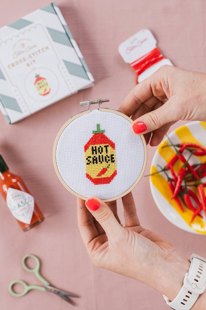 🌶 Hot Sauce Mini Cross Stitch Kit – 4" Hoop Craft Gift for