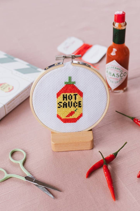 🌶 Hot Sauce Mini Cross Stitch Kit – 4" Hoop Craft Gift for