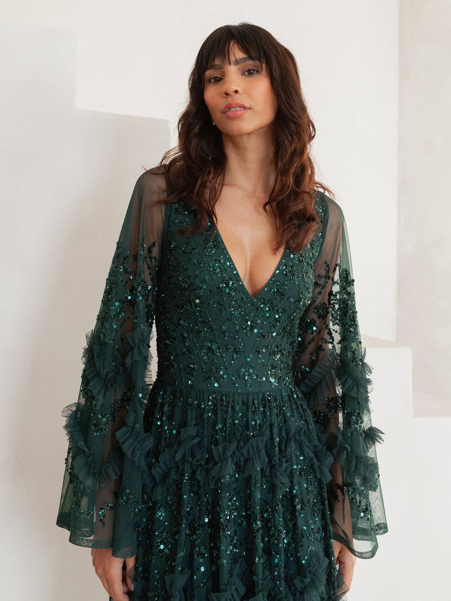 Maya Emerald Fully Embellished Maxi Dress with Frill Detail