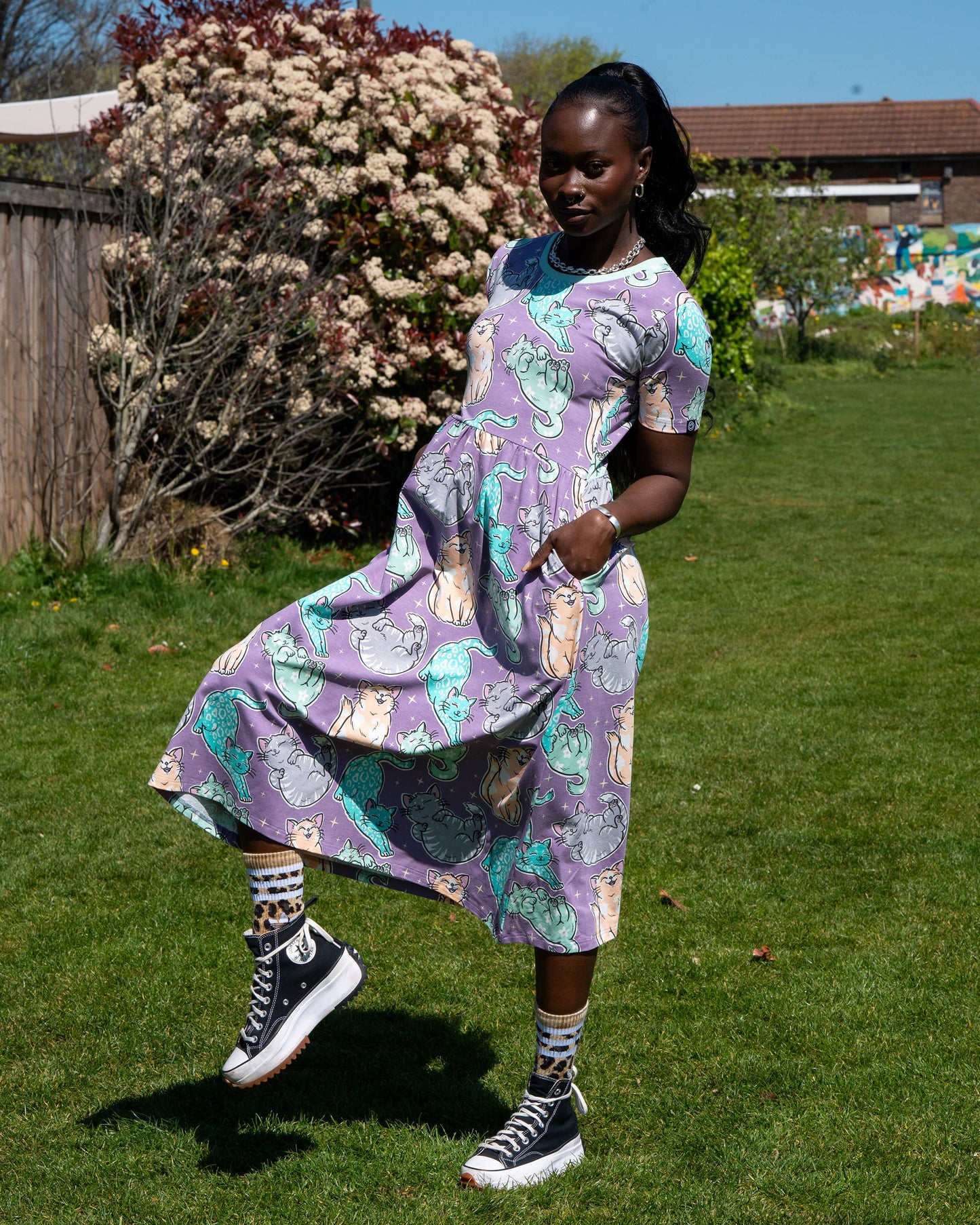 Rebel Romance Purrfect Cats Midi Dress with Pockets