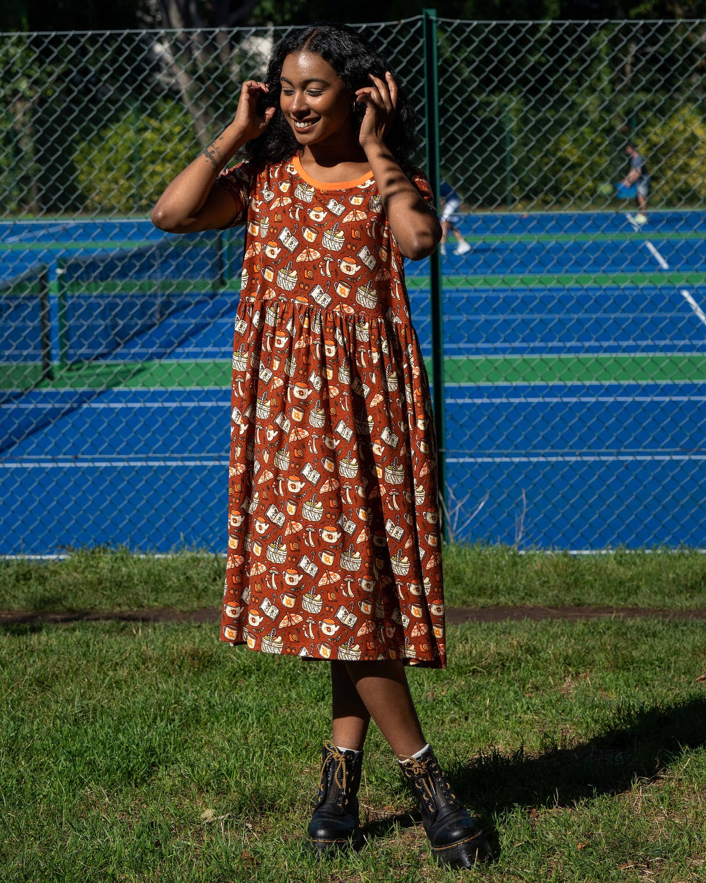 Rebel Romance Mushroom Tea Party Midi Stretch Smock Dress